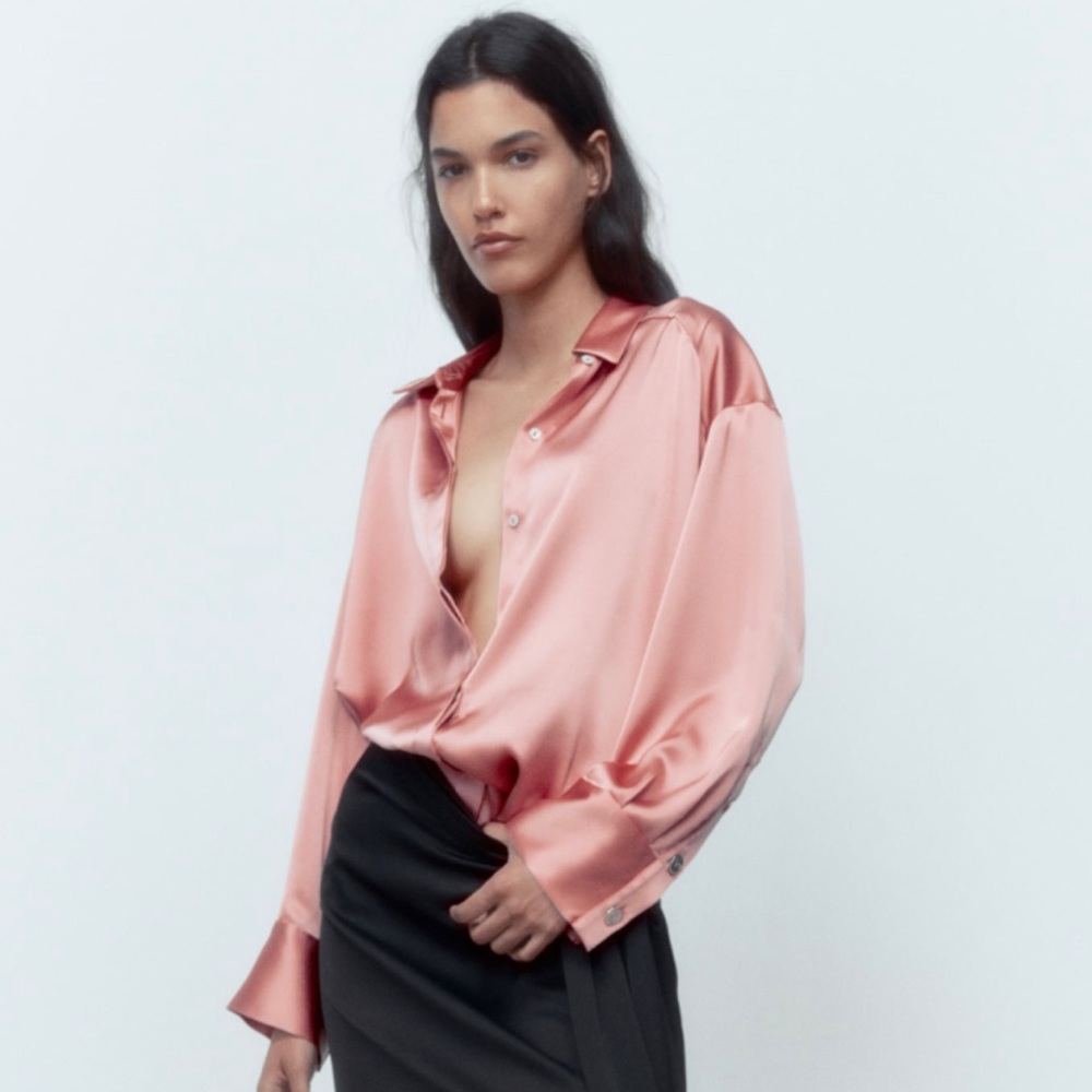 Zara Satin Button-Down Shirt in Dusty Rose